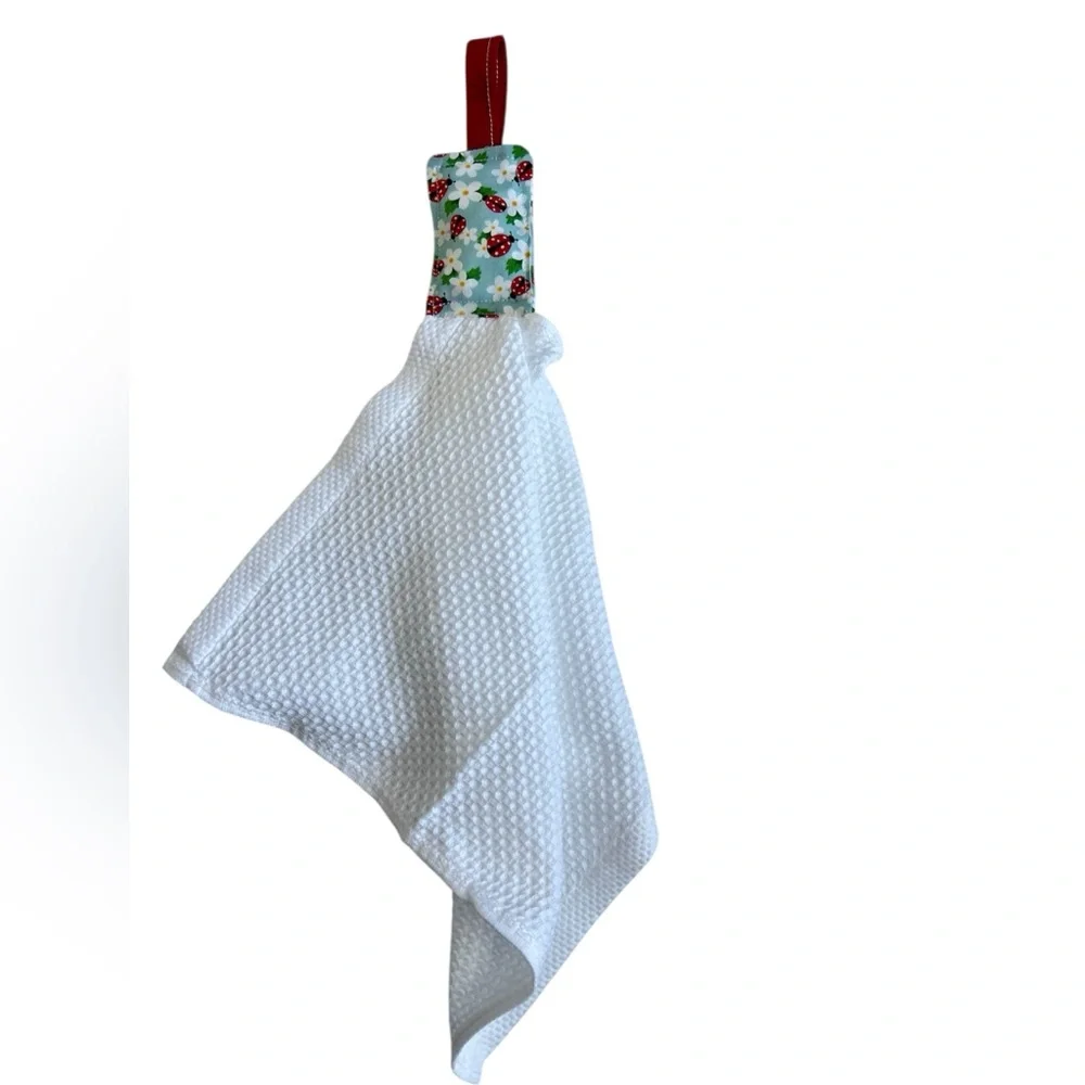 Hand Crafted Floral Ladybugs Red and White Hanging Kitchen Towel Cotton
